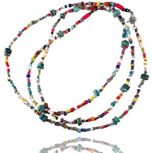 44” Endless African Glass Bead & Turquoise Gem Necklace